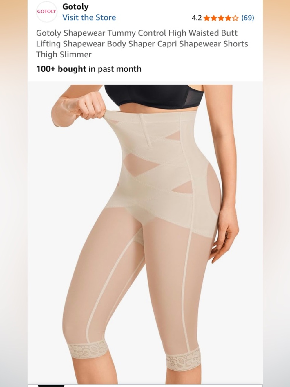 Gotoly (Amazon) Shapewear Tummy Control High Waisted Butt Lifting Capri Nude
